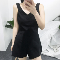 Summer dress new simple temperament vneck vest suspender jumpsuit slim wide leg shorts R4537