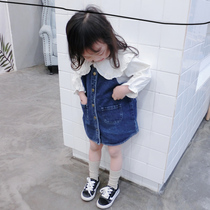 Girls spring and autumn clothes Korean version of childrens denim harness skirt female baby spring and autumn money child dress 1-2-4-5 years old
