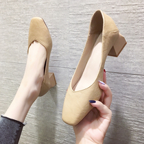 Two wearing thick heel single shoes women spring and autumn 2021 New Korean version of shallow mouth Joker high heel middle heel nude milk shoes