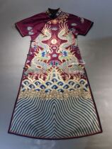  Cloud decoration totem original design womens robe double-sided old embroidery ethnic style double dragon play beads short-sleeved Chinese dress