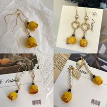 Hand-made real flower yellow rose specimen everlasting flower sweet earrings 925 silver hook Baroque fairy EAR thread ear clip