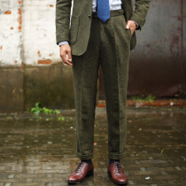 Autumn and winter mens dark green herringbone tweed trousers wool wool tweed British small feet casual pants size