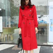 Red double-breasted square collar double-sided cashmere coat women's knee-length slim belt autumn and winter woolen coat