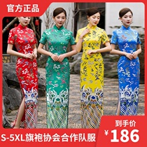 2021 summer new large size long red retro double-layer dance performance ceremonial dress catwalk cheongsam dress