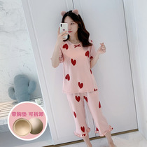 Pajamas with chest pad womens summer short-sleeved cropped pants pure cotton loose cute girl students can wear home service suits