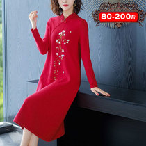 The year of the rat red dress foreign temperament retro Hepburn wind over the knee fat mm large size new autumn and winter