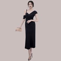 Thai Tide brand high-end temperament celebrity dress slanted shoulder shoulder shoulder hip black dress feminine niche dress