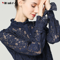 2021 Spring Dress New Lace Jersey Undershirt Standing collar Long sleeve blouse Lotus Leaf Hollowed-out Shirt Cover with Slim Fit Woman