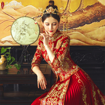 Xiuhe clothing 2021 new winter wedding toast service Chinese style dress show kimono happy clothing dragon and phoenix coat bride Xiuhe