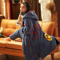 Coral velvet pajamas womens autumn and winter thickened plus velvet warm lamb velvet long hooded nightgown home clothes