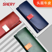 Leather glasses case Advanced sense first layer cowhide retro anti-pressure portable mens and womens myopia eye sunglasses storage box