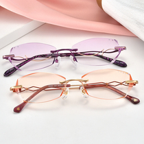 Diamond trimmed glasses female myopia glasses finished frameless glasses frame ultra-light glasses big face small eyes discoloration inlay