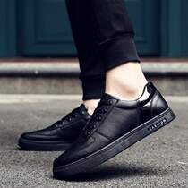 Spring and summer leather shoes all black mens board shoes hotel work Korean trend wild casual shoes kitchen men