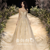 Main wedding dress 2021 new bride long sleeve cover arm Champagne color starry sky heavy industry luxury big tailing princess dress