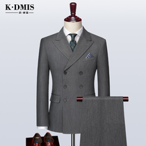 Gray double-breasted mens suit suit three-piece suit slim Korean version of handsome groom wedding ceremony host