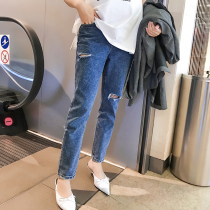 Zilan pregnant women spring jeans 2019 Korean version of the fashion model tide mother pierced straight tube outside to wear spring womens jeans