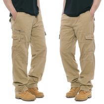 Mens spring autumn pure cotton multi-pocket tightness waist increase code loose fit pants full cotton abrasion resistant casual pants working pants
