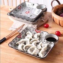 Ceramic dumpling dish with vinegar dish Creative grid plate dish plate Household large Japanese draft dumpling square plate