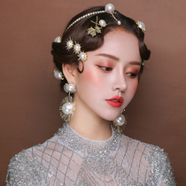 Golden vintage Baroque style bridal headdress pearl edge clip hairpin word clip Korean wedding yarn dress jewelry