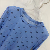 Niche design fashion wild M letter print mesh perspective Sexy Wild Wild base single wear T-shirt top