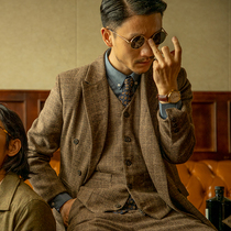 SOARIN Inglén Retro Plaid Suit Jacket Mens Wool Grudge Business Casual Double-Row Buttoned Single West Suit