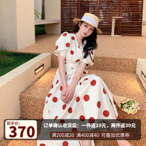  Bubble sleeve polka dot dress female 2021 summer new one-piece French sweet Korean version of the waist is thin skirt female