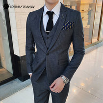 Spring new suit suit mens three-piece slim vertical stripe business suit British Korean version host formal dress