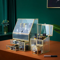 Light luxury cosmetics storage box Copper glass desktop dust-proof large-capacity lipstick skin care advanced dresser shelf