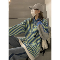 DREAM SEVEN77 striped sweatshirt woman 2021 Early autumn new loose grey BF long sleeve POLO jacket