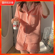 2021 new cotton linen gauze simple pajamas womens summer thin short sleeve set Korean loose home wear