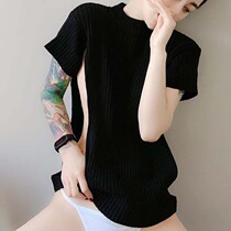 Sexy knitted base shirt Open-breasted nightclub sweater sweater round neck short sleeve date sweater