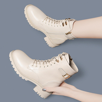 Beige Martin boots English wind all-around skinny short boots 2021 new womens shoes autumn and winter Velvet White boots