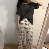 Japanese summer grid breathable puppy cute pajamas trousers cartoon ultra-thin home pants air-conditioned room can wear pajamas outside