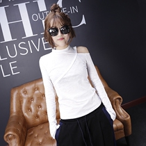 Europe station 2022 spring and summer new half-dew shoulder beating undershirt irregular bamboo festival cotton t-shirt woman long sleeve leaking shoulder blouse