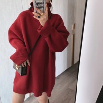 High neck pullover knitted sweater womens 2021 autumn and winter new Korean edition long sleeve lazy wind solid color medium long jacket