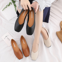 2021 spring tide square head set foot single shoe milk shoes Korean version shallow mouth low heel flat bottom low top shoes women Bean shoes