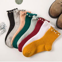 Puff pearl socks womens mid-tube socks pure cotton Korean version of fungus side wild autumn Korean color lace thin pile