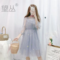 Super fairy star embroidered mesh fairy dress 2020 Korean new student round neck waist lantern sleeve dress