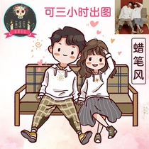  Q version of the hand-painted avatar crayon style cute cartoon couple portrait custom comic character real person photo transfer hand-painted