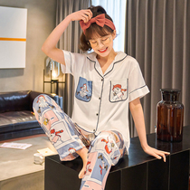 2021 new pajamas womens summer ice silk short sleeve trousers set Spring and Autumn thin silk home clothes two pieces