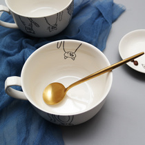 Single cat bowl Ceramic soup bowl Soup cup Japanese breakfast bowl Oat bowl Large capacity with ear handle Household microwave