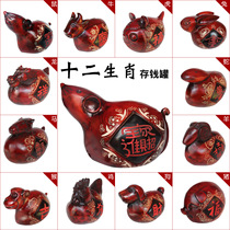 Wood carving ornaments handmade solid wood Chinese decoration living room Peach wood zodiac piggy bank Wood carving crafts