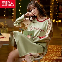 South Pole Sleeping Dress Woman Spring Autumn Season Pure Cotton Long Sleeve Sleeping Dress Korean Version Cute Big Code Long Dress Loose Thin and Thin Family Clothing