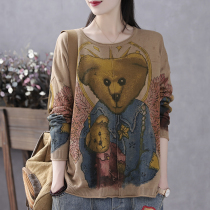 Han Soyi retro literary love bear early autumn round neck long sleeve thin sweater pullover loose print sweater women