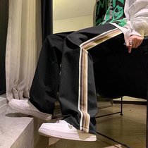 American Oldschool Casual Straight Drum Pants High Street Ins Broadlegged Tracksuit Pants Splicing Webbing Striped Tug Pants