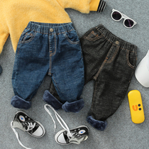 Boys jeans winter new childrens pants edge webbing plus velvet padded trousers baby warm pants tide