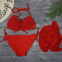 Red handmade three-dimensional bikini three-piece draped gauze steel bracket sexy draped gauze white womens swimsuit Swimsuit new