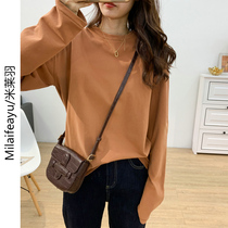Pure cotton T-shirt female spring autumn new Korean version 100 lap pure cotton round collar loose with slim blouses and swarm of bottom