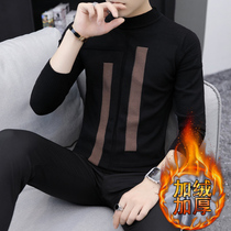 Mens sweater semi-high collar Autumn and winter velvet thickened middle collar knitted base shirt trend handsome mens line clothes