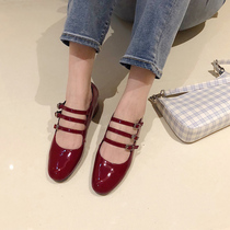 Not two orange 2020 round head one-shaped buckle leather thick heel retro Mary Jane shoes women Hepburn shoes Middle heel single shoes